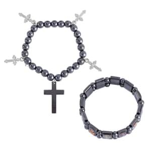 Black Hematite 362.00 ctw Set of 2 Bracelet with Cross Charm in Silvertone