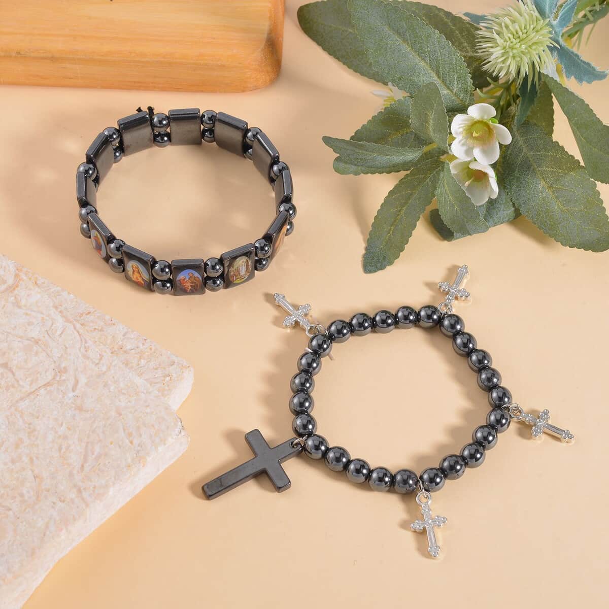 Black Hematite 362.00 ctw Set of 2 Bracelet with Cross Charm in Silvertone image number 1