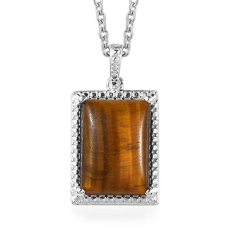 Tiger's Eye 7.90 ctw Solitaire Pendant in Sterling Silver with Stainless Steel Necklace 20 Inches