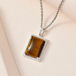 Tiger's Eye 7.90 ctw Solitaire Pendant in Sterling Silver with Stainless Steel Necklace 20 Inches 