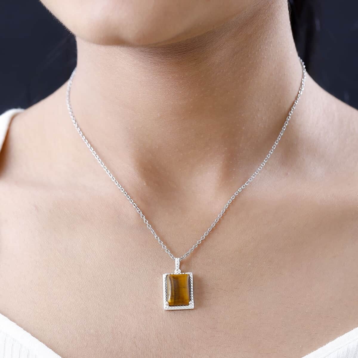 Tiger's Eye Solitaire Pendant in Sterling Silver with Stainless Steel Necklace 20 Inches 7.90 ctw image number 2