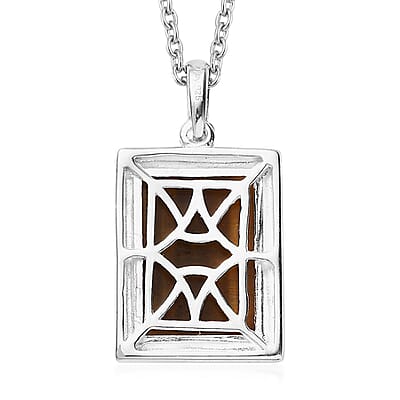 Tiger's Eye 7.90 ctw Solitaire Pendant in Sterling Silver with Stainless Steel Necklace 20 Inches