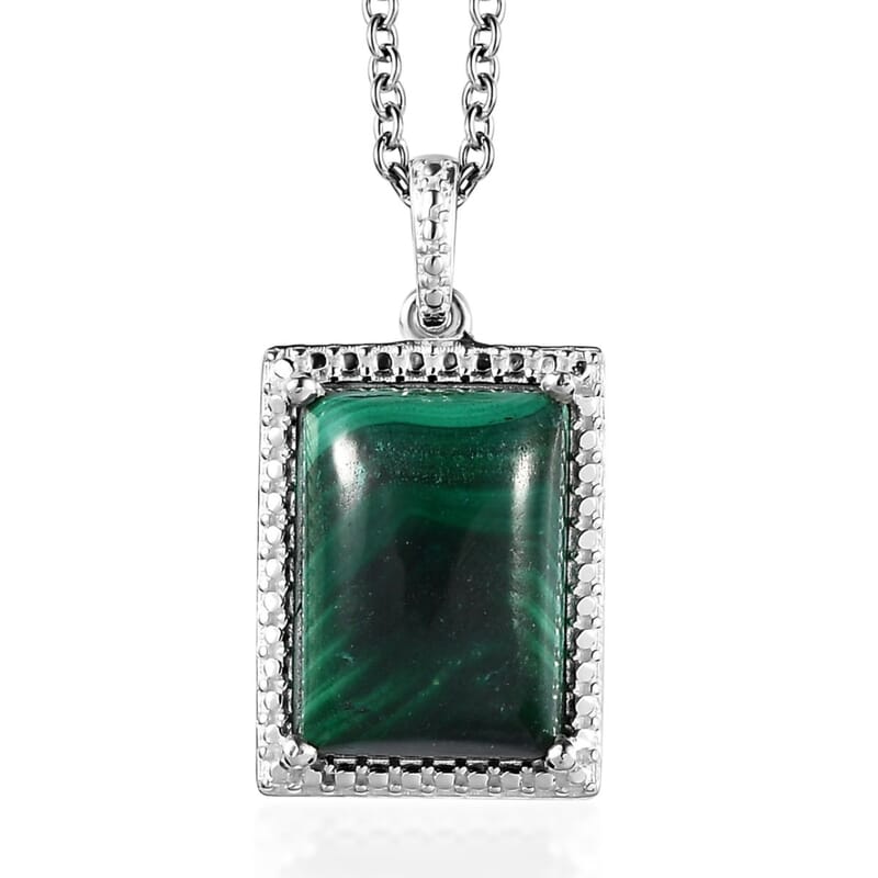 African Malachite 8.00 ctw Solitaire Pendant in Sterling Silver with Stainless Steel Necklace 20 Inches