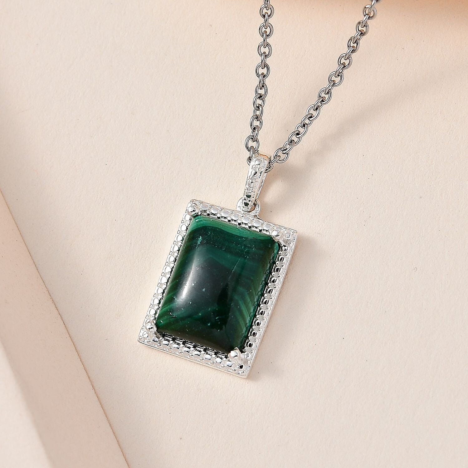 African Malachite 8.00 ctw Solitaire Pendant in Sterling Silver with Stainless Steel Necklace 20 Inches