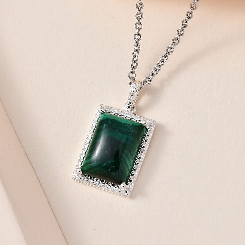 African Malachite 8.00 ctw Solitaire Pendant in Sterling Silver with Stainless Steel Necklace 20 Inches