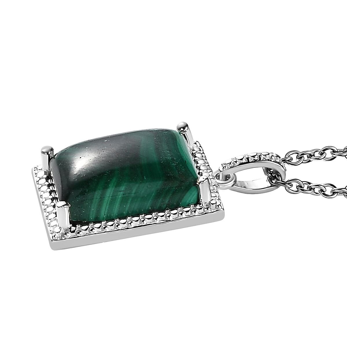 African Malachite 8.00 ctw Solitaire Pendant in Sterling Silver with Stainless Steel Necklace 20 Inches
