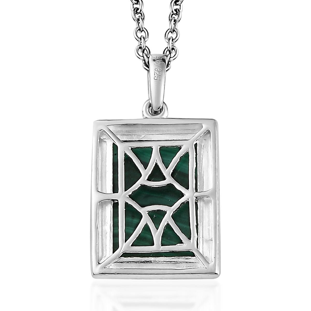 African Malachite 8.00 ctw Solitaire Pendant in Sterling Silver with Stainless Steel Necklace 20 Inches