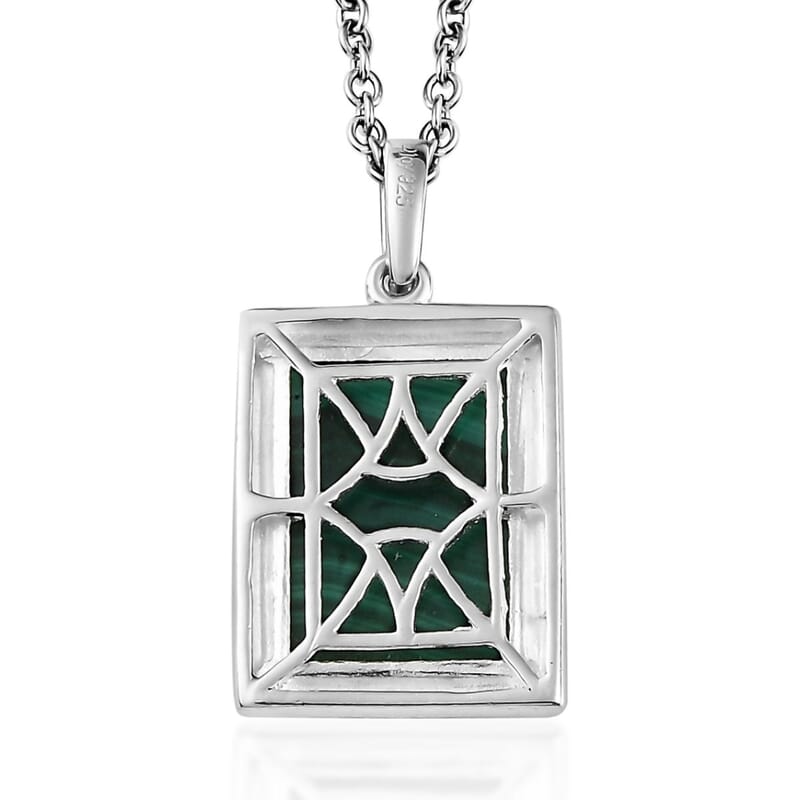 African Malachite 8.00 ctw Solitaire Pendant in Sterling Silver with Stainless Steel Necklace 20 Inches