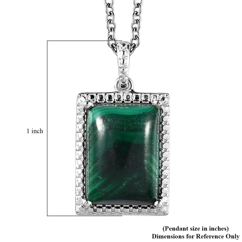 African Malachite 8.00 ctw Solitaire Pendant in Sterling Silver with Stainless Steel Necklace 20 Inches