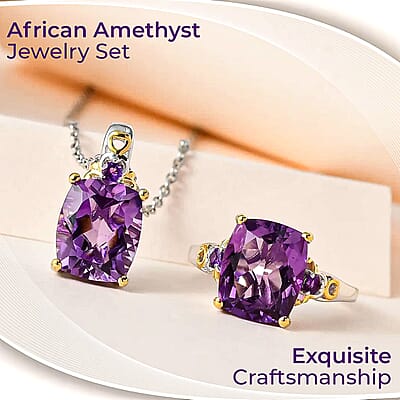 African Amethyst Jewelry Set, Set of Amethyst Ring and Amethyst Pendant Necklace, 20 Inch Necklace, Vermeil YG and Platinum Over Sterling Silver Jewelry Set 11.25 ctw