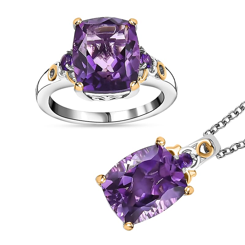 African Amethyst Jewelry Set, Set of Amethyst Ring and Amethyst Pendant Necklace, 20 Inch Necklace, Vermeil YG and Platinum Over Sterling Silver Jewelry Set 11.25 ctw