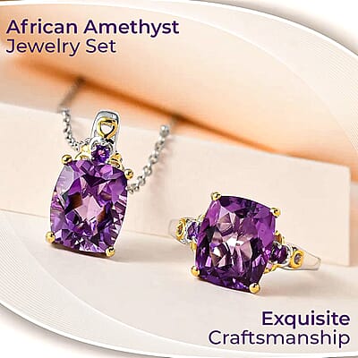 African Amethyst Jewelry Set, Set of Amethyst Ring and Amethyst Pendant Necklace, 20 Inch Necklace, Vermeil YG and Platinum Over Sterling Silver Jewelry Set 11.25 ctw