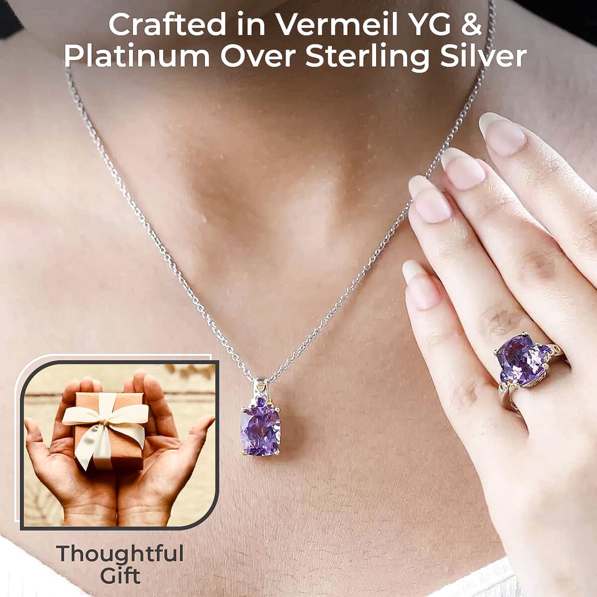 African Amethyst Jewelry Set, Set of Amethyst Ring and Amethyst Pendant Necklace, 20 Inch Necklace, Vermeil YG and Platinum Over Sterling Silver Jewelry Set 11.25 ctw image number 2