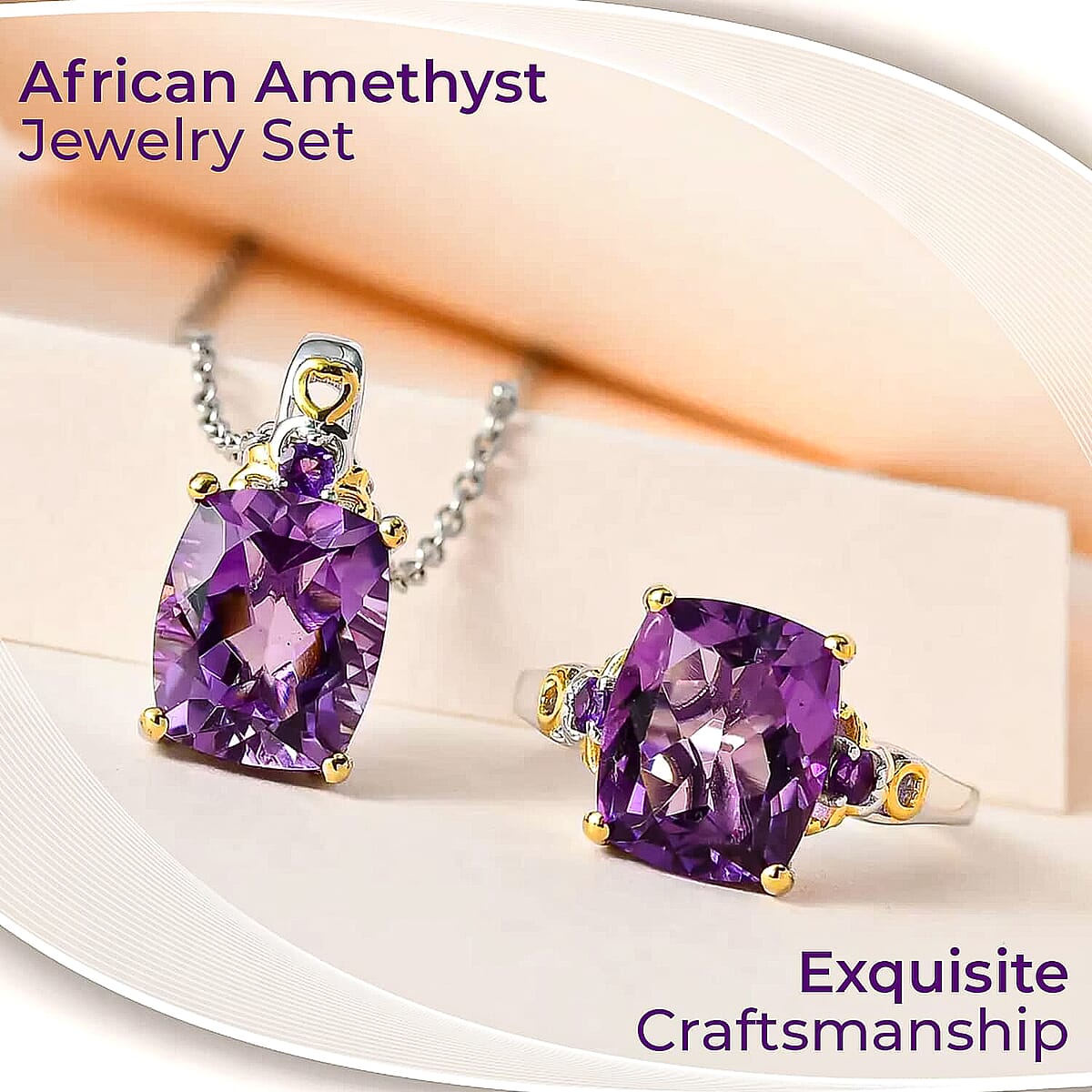African Amethyst Jewelry Set, Set of Amethyst Ring and Amethyst Pendant Necklace, 20 Inch Necklace, Vermeil YG and Platinum Over Sterling Silver Jewelry Set 11.25 ctw image number 1