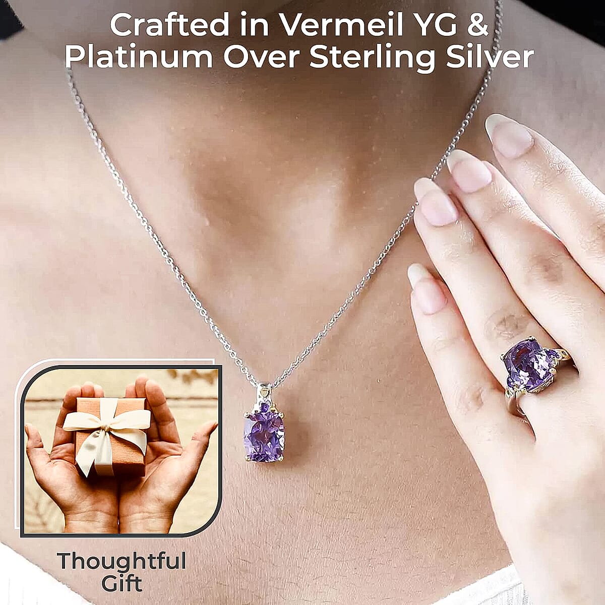 African Amethyst Jewelry Set, Set of Amethyst Ring and Amethyst Pendant Necklace, 20 Inch Necklace, Vermeil YG and Platinum Over Sterling Silver Jewelry Set 11.25 ctw image number 2