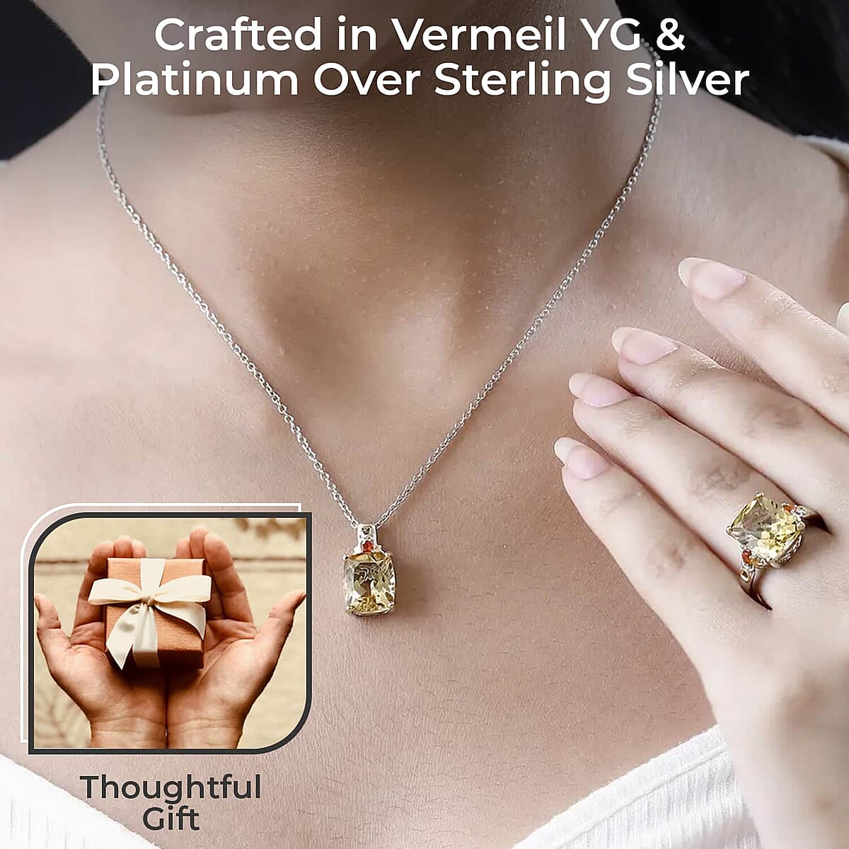 Brazilian Citrine Jewelry Set, Jalisco Fire Opal Accent Jewelry Set, Set of Citrine Ring and Citrine Pendant Necklace, 20 Inch Necklace, Vermeil YG and Platinum Over Sterling Silver Jewelry Set 11.40 ctw image number 2