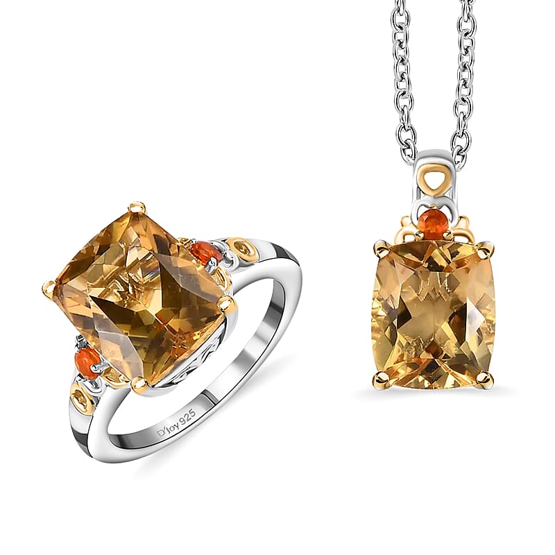 Brazilian Citrine and Jalisco Fire Opal 11.40 ctw Accent Jewelry Set, Set of Citrine Ring (Size 10.00) and Citrine Pendant Necklace, 20 Inch Necklace, Vermeil YG and Platinum Over Sterling Silver Jewelry Set
