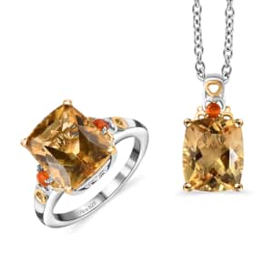 Brazilian Citrine Jewelry Set, Jalisco Fire Opal Accent Jewelry Set, Set of Citrine Ring and Citrine Pendant Necklace, 20 Inch Necklace, Vermeil YG and Platinum Over Sterling Silver Jewelry Set 11.40 ctw