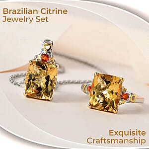 Brazilian Citrine and Jalisco Fire Opal 11.40 ctw Accent Jewelry Set, Set of Citrine Ring (Size 10.00) and Citrine Pendant Necklace, 20 Inch Necklace, Vermeil YG and Platinum Over Sterling Silver Jewelry Set