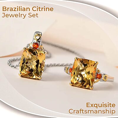 Brazilian Citrine and Jalisco Fire Opal 11.40 ctw Accent Jewelry Set, Set of Citrine Ring (Size 10.00) and Citrine Pendant Necklace, 20 Inch Necklace, Vermeil YG and Platinum Over Sterling Silver Jewelry Set