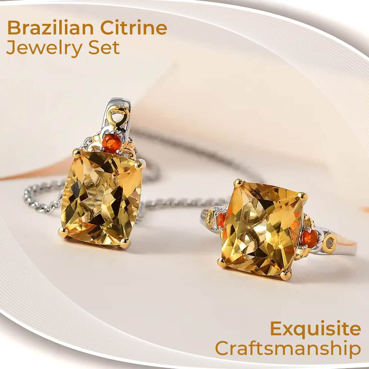 Brazilian Citrine Jewelry Set, Jalisco Fire Opal Accent Jewelry Set, Set of Citrine Ring and Citrine Pendant Necklace, 20 Inch Necklace, Vermeil YG and Platinum Over Sterling Silver Jewelry Set 11.40 ctw image number 1