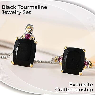 Black Tourmaline and Orissa Rhodolite Garnet Accent 12.35 ctw Jewelry Set, Set of Tourmaline Ring (Size 5.00) and Tourmaline Pendant Necklace, 20 Inch Necklace, Vermeil YG and Platinum Over Sterling Silver Jewelry Set
