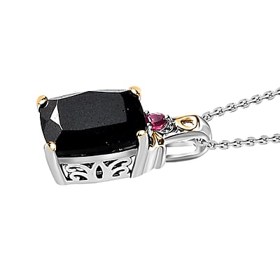 Black Tourmaline and Orissa Rhodolite Garnet Accent 12.35 ctw Jewelry Set, Set of Tourmaline Ring (Size 5.00) and Tourmaline Pendant Necklace, 20 Inch Necklace, Vermeil YG and Platinum Over Sterling Silver Jewelry Set