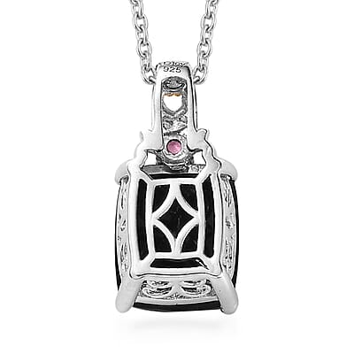 Black Tourmaline and Orissa Rhodolite Garnet Accent 12.35 ctw Jewelry Set, Set of Tourmaline Ring (Size 5.00) and Tourmaline Pendant Necklace, 20 Inch Necklace, Vermeil YG and Platinum Over Sterling Silver Jewelry Set