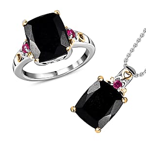 Black Tourmaline Jewelry Set, Orissa Rhodolite Garnet Accent Jewelry Set, Set of Tourmaline Ring and Tourmaline Pendant Necklace, 20 Inch Necklace, Vermeil YG and Platinum Over Sterling Silver Jewelry Set 12.35 ctw