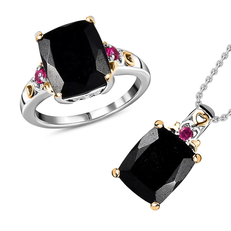 Black Tourmaline Jewelry Set, Orissa Rhodolite Garnet Accent Jewelry Set, Set of Tourmaline Ring and Tourmaline Pendant Necklace, 20 Inch Necklace, Vermeil YG and Platinum Over Sterling Silver Jewelry Set 12.35 ctw