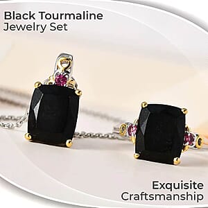 Black Tourmaline Jewelry Set, Orissa Rhodolite Garnet Accent Jewelry Set, Set of Tourmaline Ring and Tourmaline Pendant Necklace, 20 Inch Necklace, Vermeil YG and Platinum Over Sterling Silver Jewelry Set 12.35 ctw