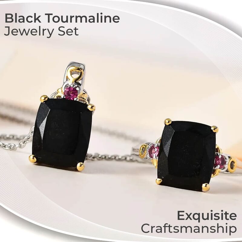 Black Tourmaline Jewelry Set, Orissa Rhodolite Garnet Accent Jewelry Set, Set of Tourmaline Ring and Tourmaline Pendant Necklace, 20 Inch Necklace, Vermeil YG and Platinum Over Sterling Silver Jewelry Set 12.35 ctw