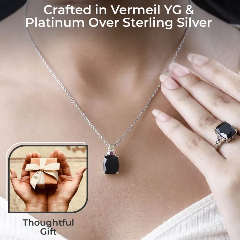 Black Tourmaline Jewelry Set, Orissa Rhodolite Garnet Accent Jewelry Set, Set of Tourmaline Ring and Tourmaline Pendant Necklace, 20 Inch Necklace, Vermeil YG and Platinum Over Sterling Silver Jewelry Set 12.35 ctw
