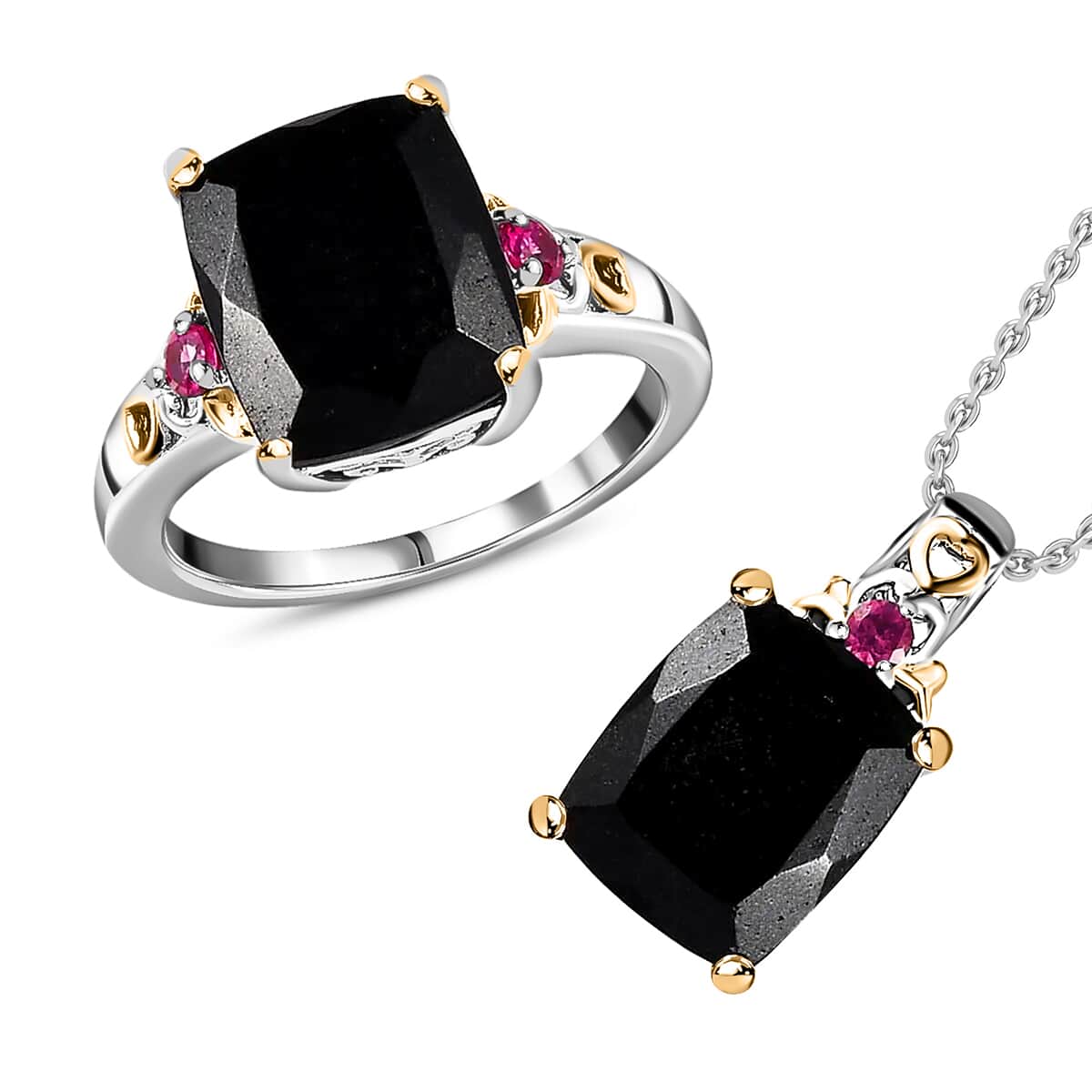 Black Tourmaline and Orissa Rhodolite Garnet Accent 12.35 ctw Jewelry Set, Set of Tourmaline Ring (Size 7.00) and Tourmaline Pendant Necklace, 20 Inch Necklace, Vermeil YG and Platinum Over Sterling Silver Jewelry Set image number 0