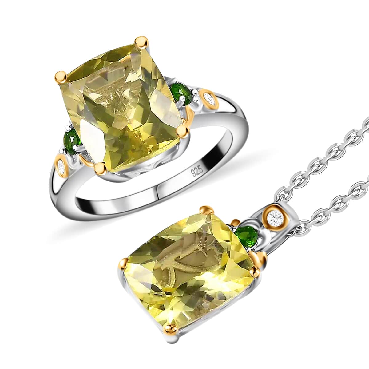 Ouro Verde Quartz and Chrome Diopside 11.25 ctw Accent Jewelry Set, Set of Quart Ring (Size 10.00) and Quartz Pendant Necklace, 20 Inch Necklace, Vermeil YG and Platinum Over Sterling Silver Jewelry Set image number 0