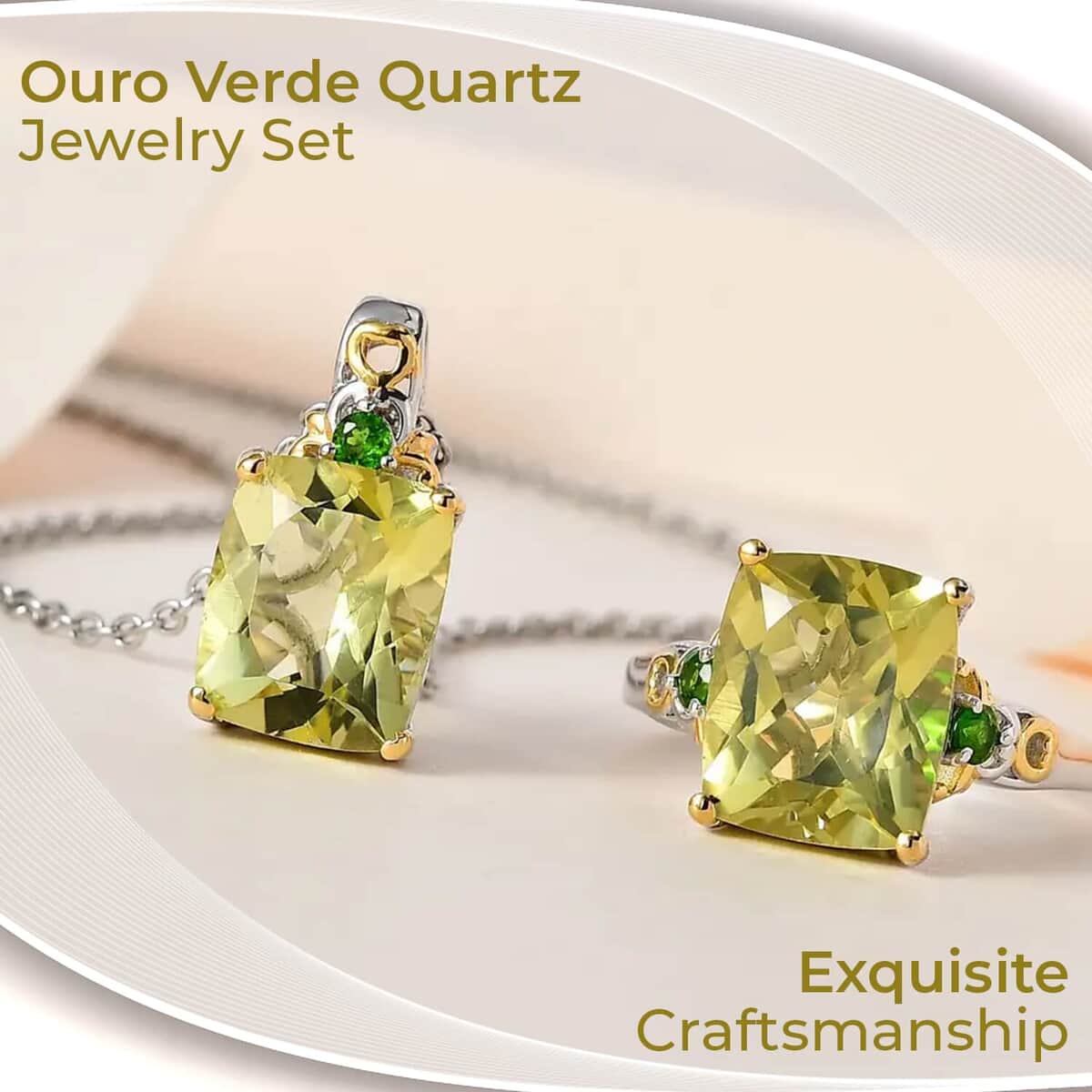 Ouro Verde Quartz and Chrome Diopside 11.25 ctw Accent Jewelry Set, Set of Quart Ring (Size 10.00) and Quartz Pendant Necklace, 20 Inch Necklace, Vermeil YG and Platinum Over Sterling Silver Jewelry Set image number 1