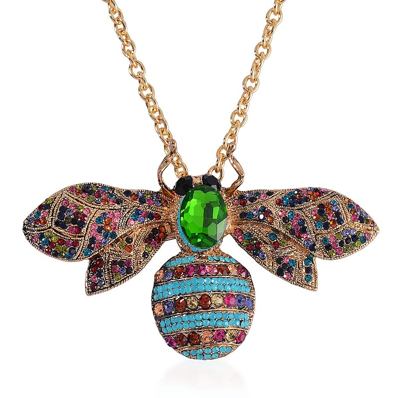 Green Glass and Multi Color Austrian Crystal Bee Brooch Or Pendant with Necklace 24-26 Inches in Goldtone
