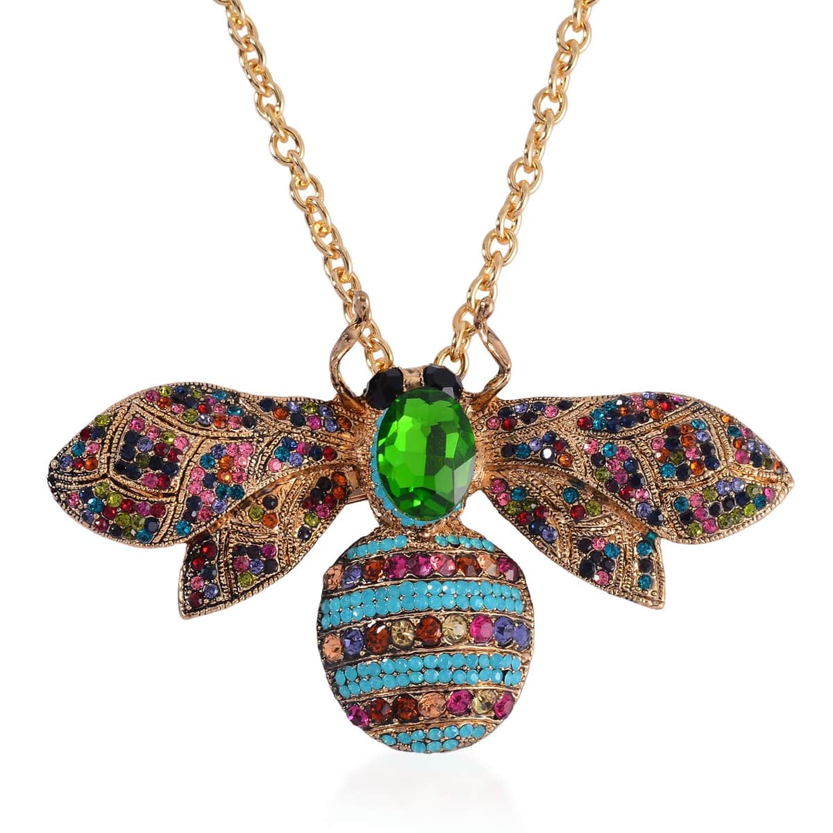 Green Glass and Multi Color Austrian Crystal Bee Brooch Or Pendant with Necklace 24-26 Inches in Goldtone image number 0