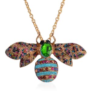 Green Glass and Multi Color Austrian Crystal Bee Brooch Or Pendant with Necklace 24-26 Inches in Goldtone