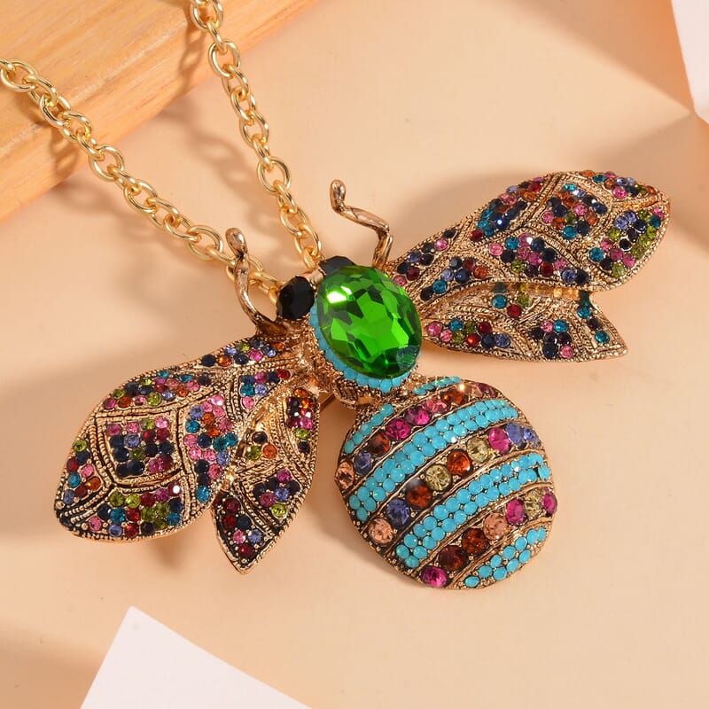 Green Glass and Multi Color Austrian Crystal Bee Brooch Or Pendant with Necklace 24-26 Inches in Goldtone