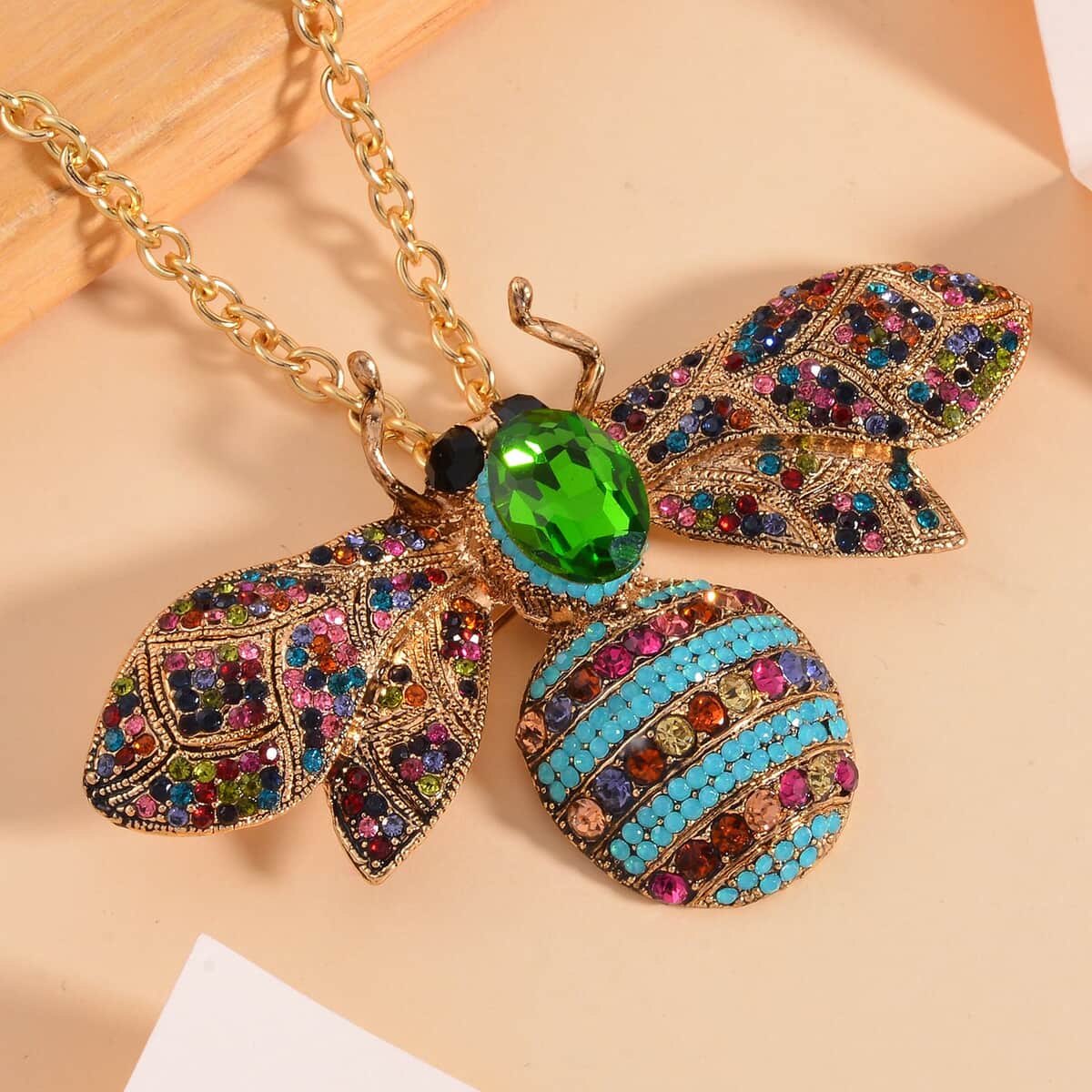 Green Glass and Multi Color Austrian Crystal Bee Brooch Or Pendant with Necklace 24-26 Inches in Goldtone image number 1