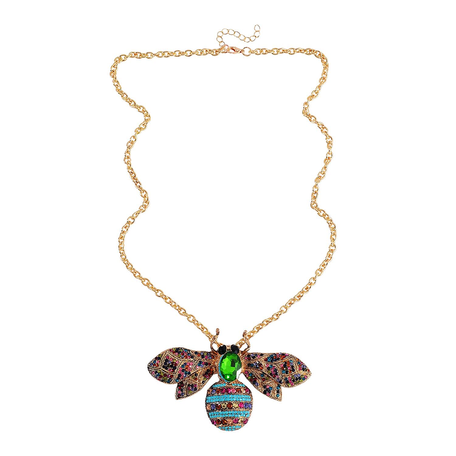 Green Glass and Multi Color Austrian Crystal Bee Brooch Or Pendant with Necklace 24-26 Inches in Goldtone