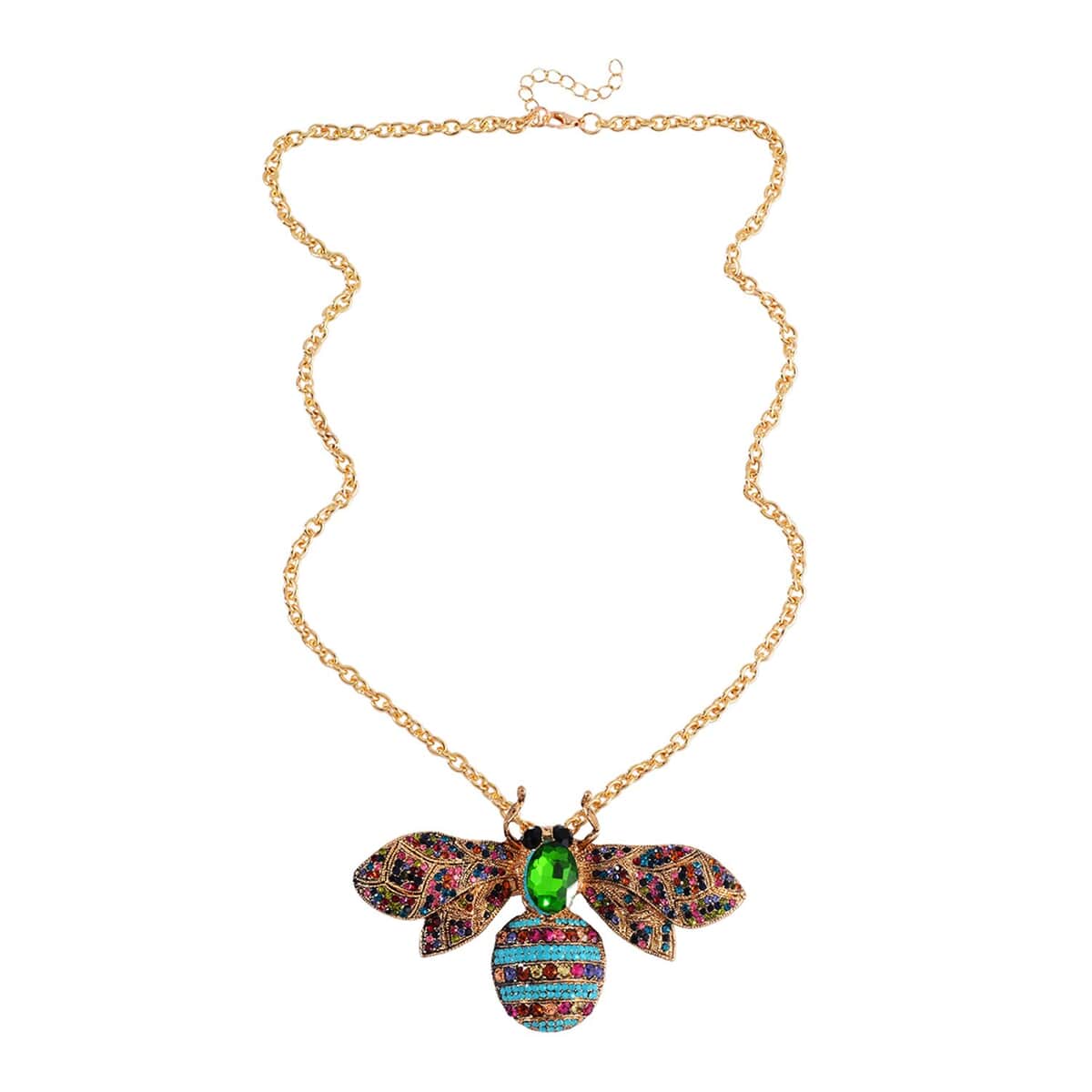 Green Glass and Multi Color Austrian Crystal Bee Brooch Or Pendant with Necklace 24-26 Inches in Goldtone image number 2