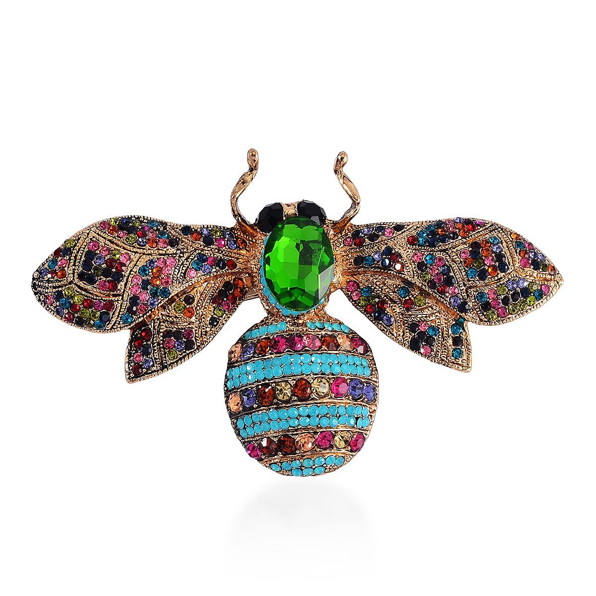 Green Glass and Multi Color Austrian Crystal Bee Brooch Or Pendant with Necklace 24-26 Inches in Goldtone