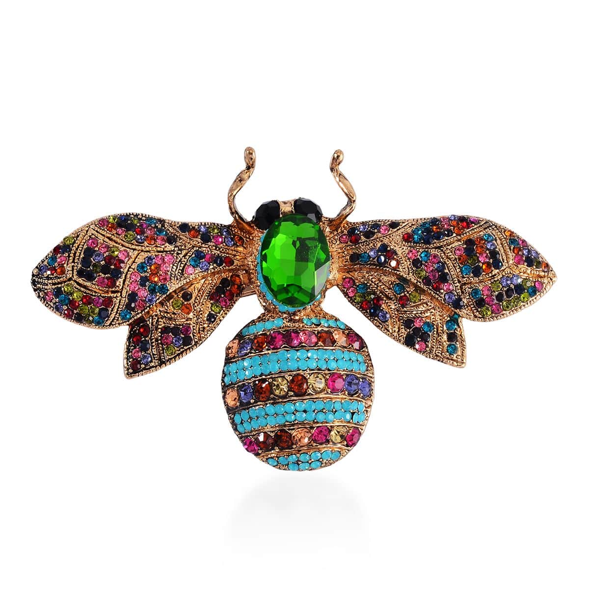 Green Glass and Multi Color Austrian Crystal Bee Brooch Or Pendant with Necklace 24-26 Inches in Goldtone image number 3