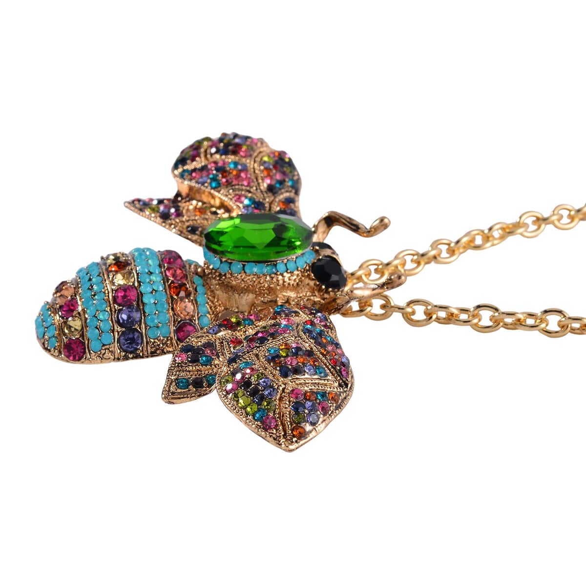 Green Glass and Multi Color Austrian Crystal Bee Brooch Or Pendant with Necklace 24-26 Inches in Goldtone image number 4