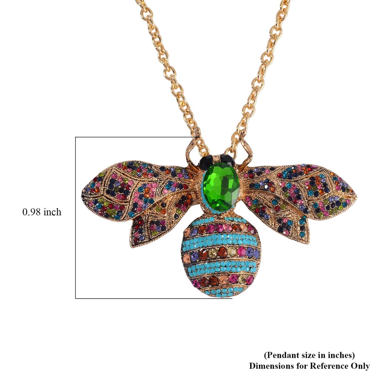 Green Glass and Multi Color Austrian Crystal Bee Brooch Or Pendant with Necklace 24-26 Inches in Goldtone image number 7