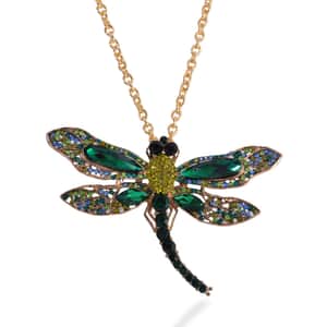 Green Glass and Multi Color Austrian Crystal Dragonfly Brooch Or Pendant with Necklace 24 Inches in Goldtone