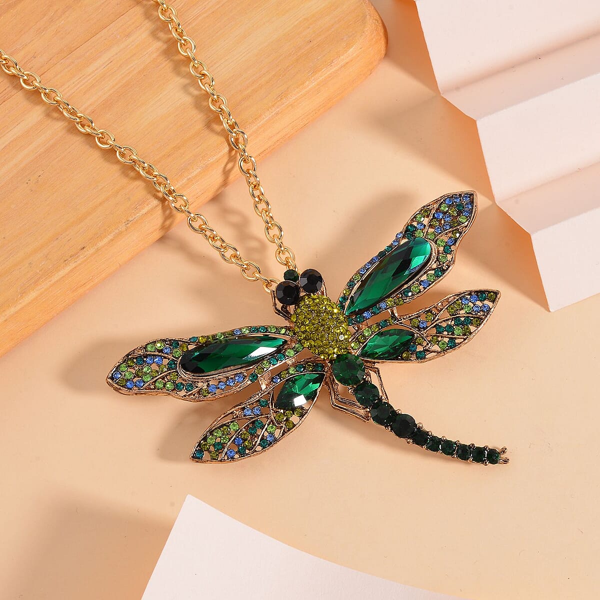Green Glass and Multi Color Austrian Crystal Dragonfly Brooch Or Pendant with Necklace 24 Inches in Goldtone image number 1