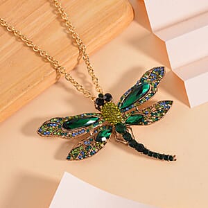 Green Glass and Multi Color Austrian Crystal Dragonfly Brooch Or Pendant with Necklace 24 Inches in Goldtone